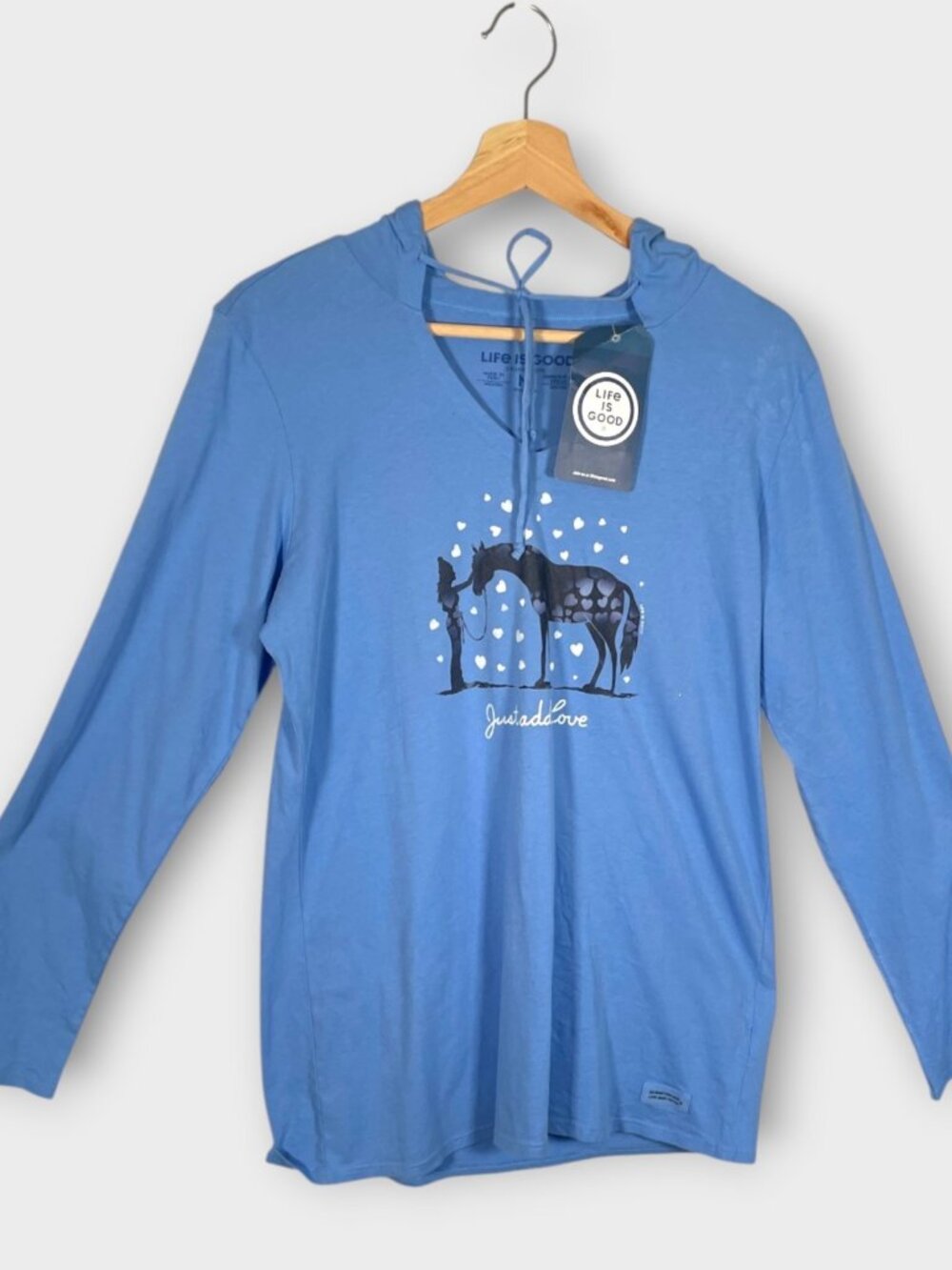 LIFE IS GOOD Crusher Hooded T-Shirt Woman's M Blue Horses Love 100% Cotton NEW